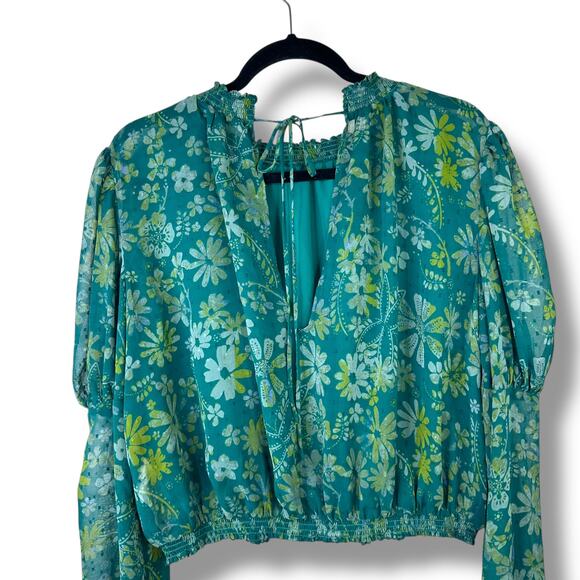 Free People NWT Sea Combo Clarissa Floral Print High Neck Smocked Blouse XS - Picture 7 of 9